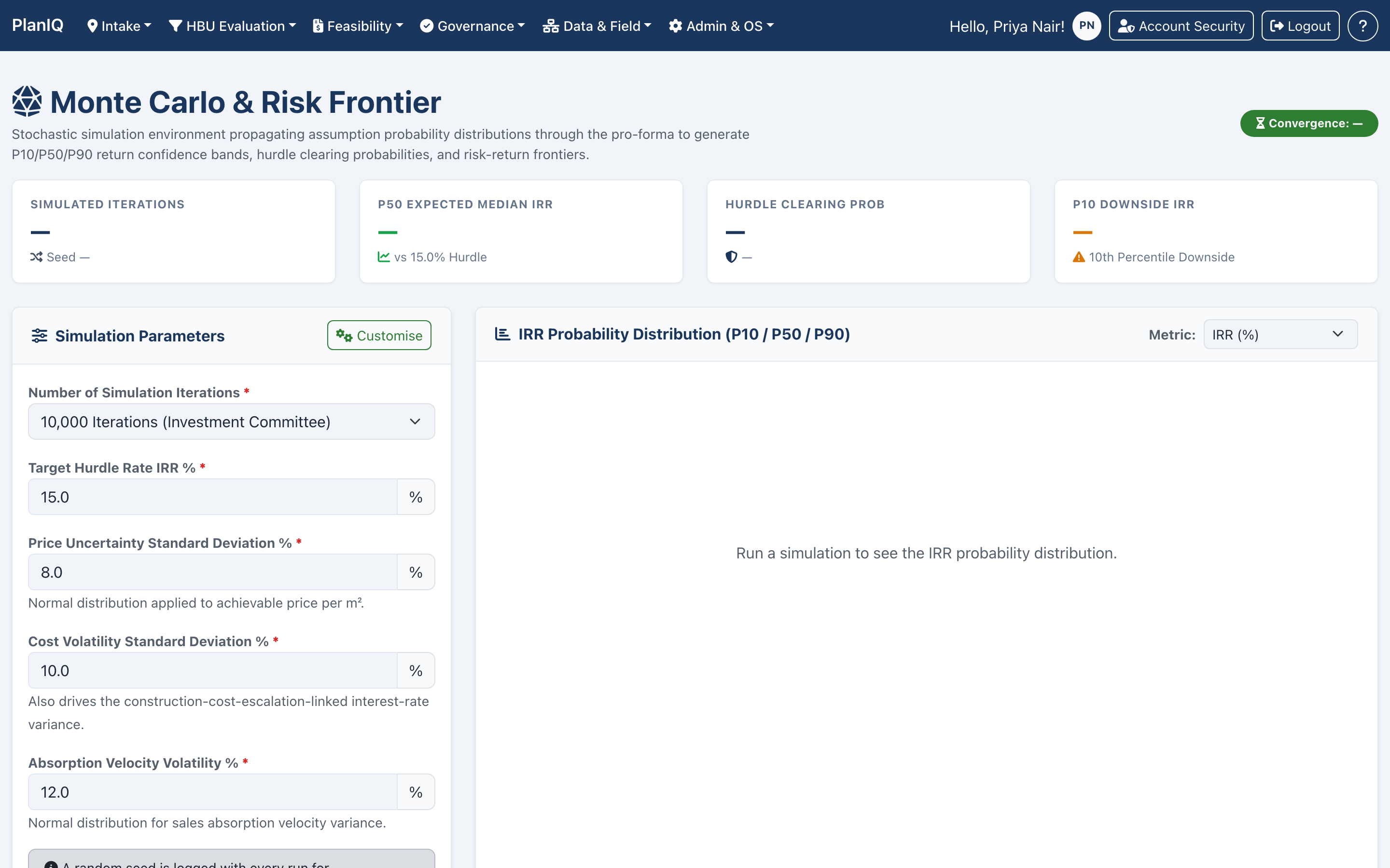 PlanIQ Monte Carlo risk frontier with scheme portfolio and clearing probabilities