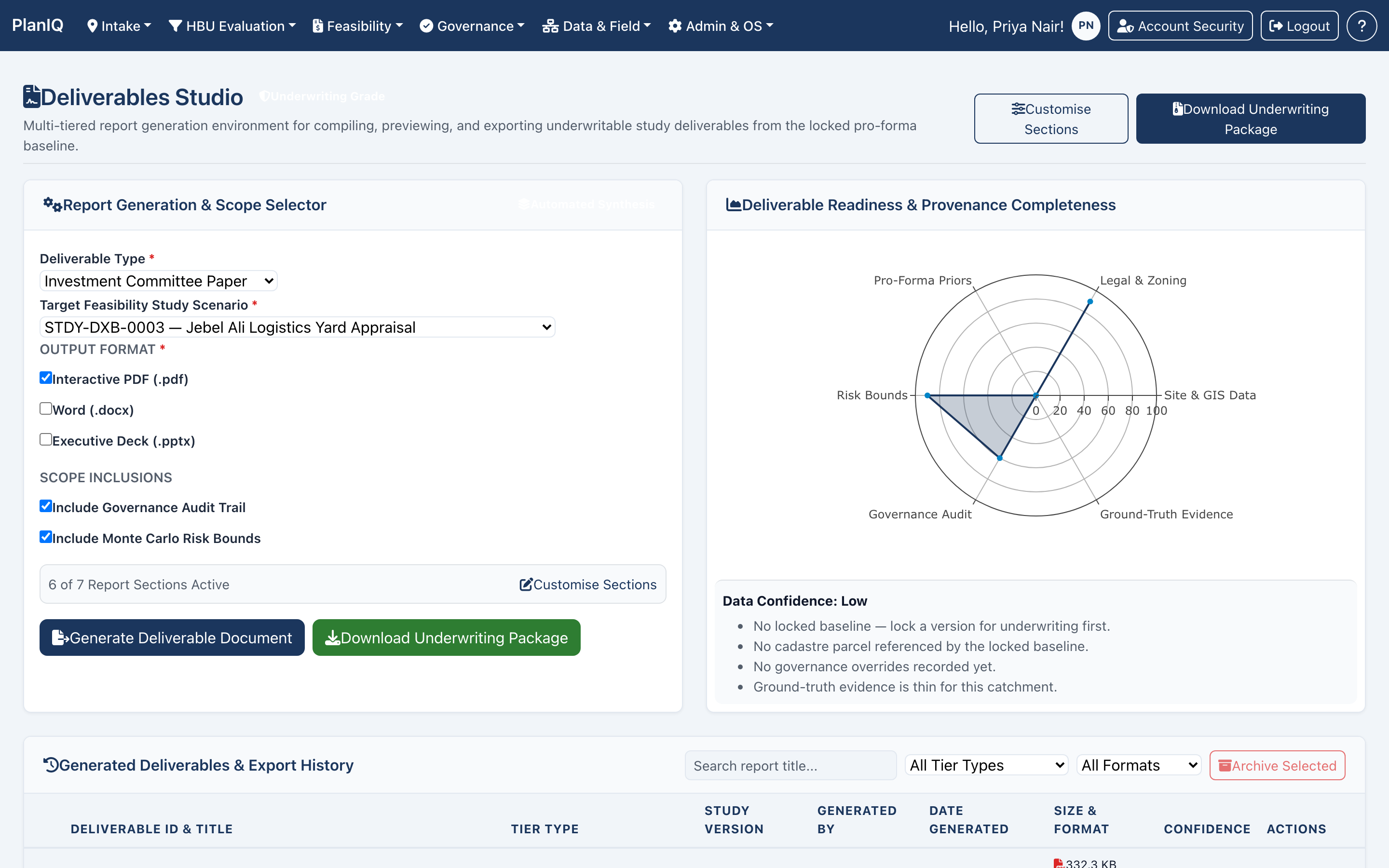 PlanIQ deliverables studio compiling an investment committee paper from the pinned baseline